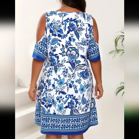 Sz 20 NEW Blue/White Floral Cold Shoulder Dress 27.75" PTP, 43.75" Long SOFT - Picture 2 of 15